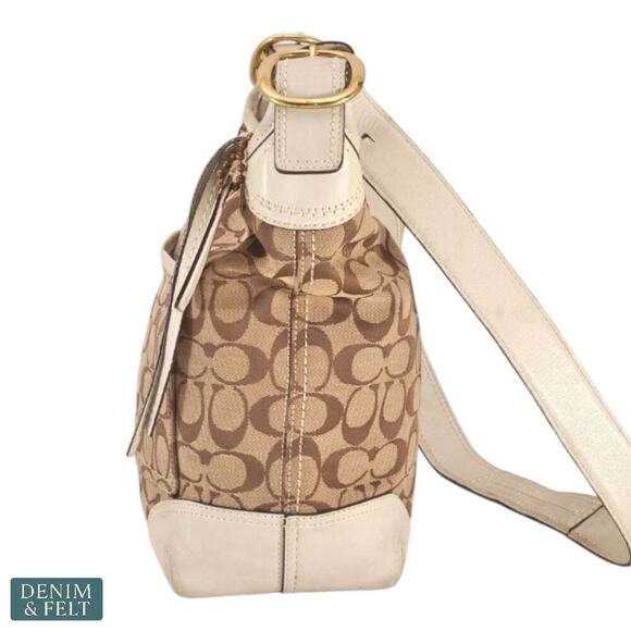 Coach Signature Canvas White Leather Trim Crossbody Shoulder Bag Lilac Lining - Picture 5 of 15